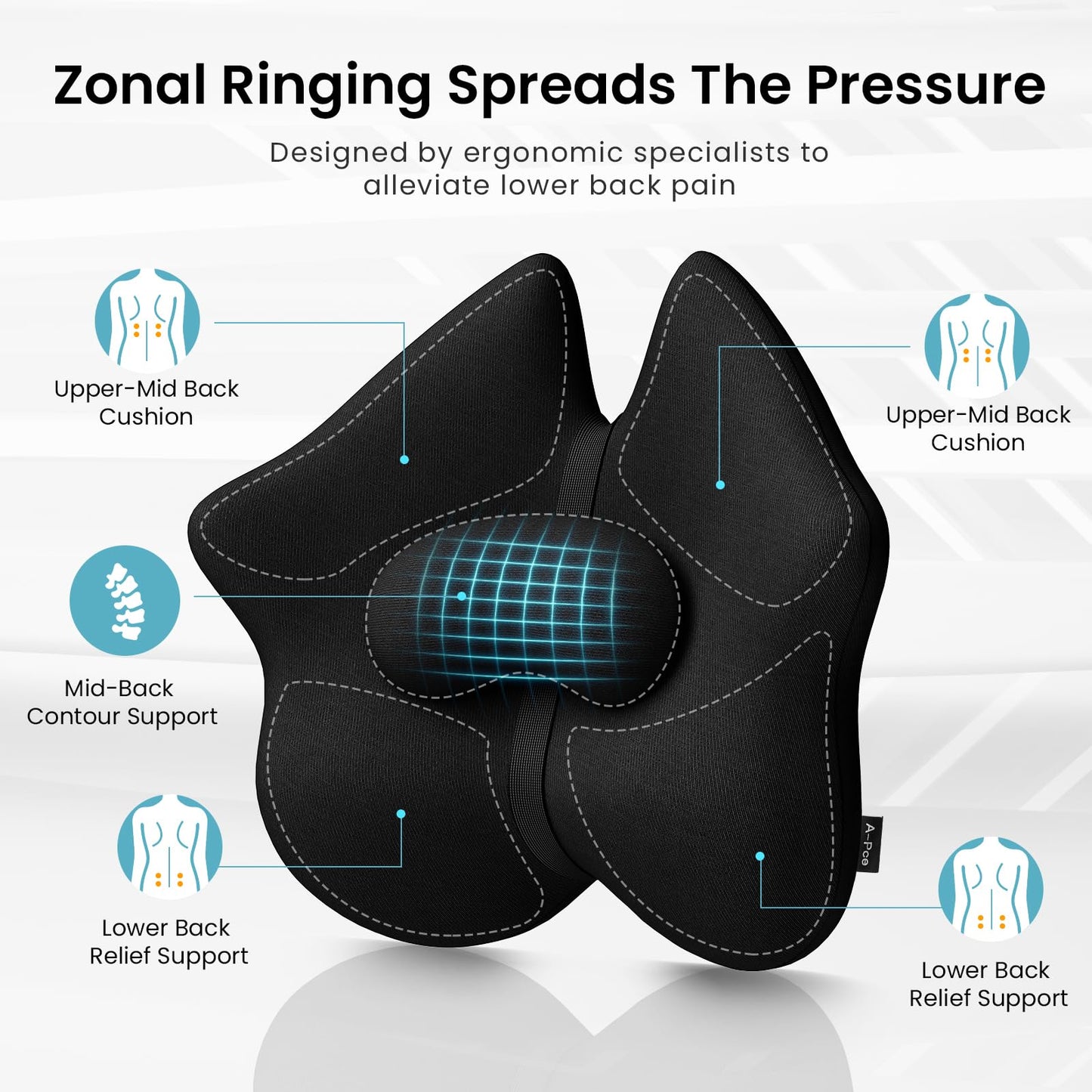 A-Pce Adjustable Lumbar Support Pillow,Improve Lower Back Pain Relief & Sitting Posture, Ergonomic Memory Foam Back Support Cushion for Long Sitting for Office Chair/Car/Plane-Black