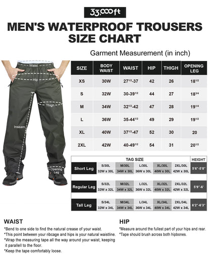 33,000ft Men's Waterproof Trousers Lightweight Breathable Rain Overtrousers, Outdoor Windproof Rain Over Pants for Golf Hiking Fishing Cycling Black M/32 Inseam