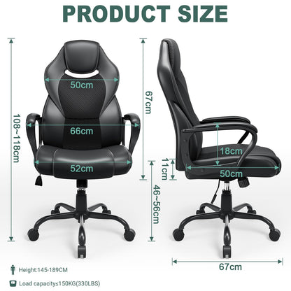 BASETBL Office Chair Executive Chair, High Back Racing Style Ergonomic Swivel Chair for Home Gaming Business, Lumbar Support PU Leather Adjustable Height Durable Comfy Chair Easy to Assemble (Black)
