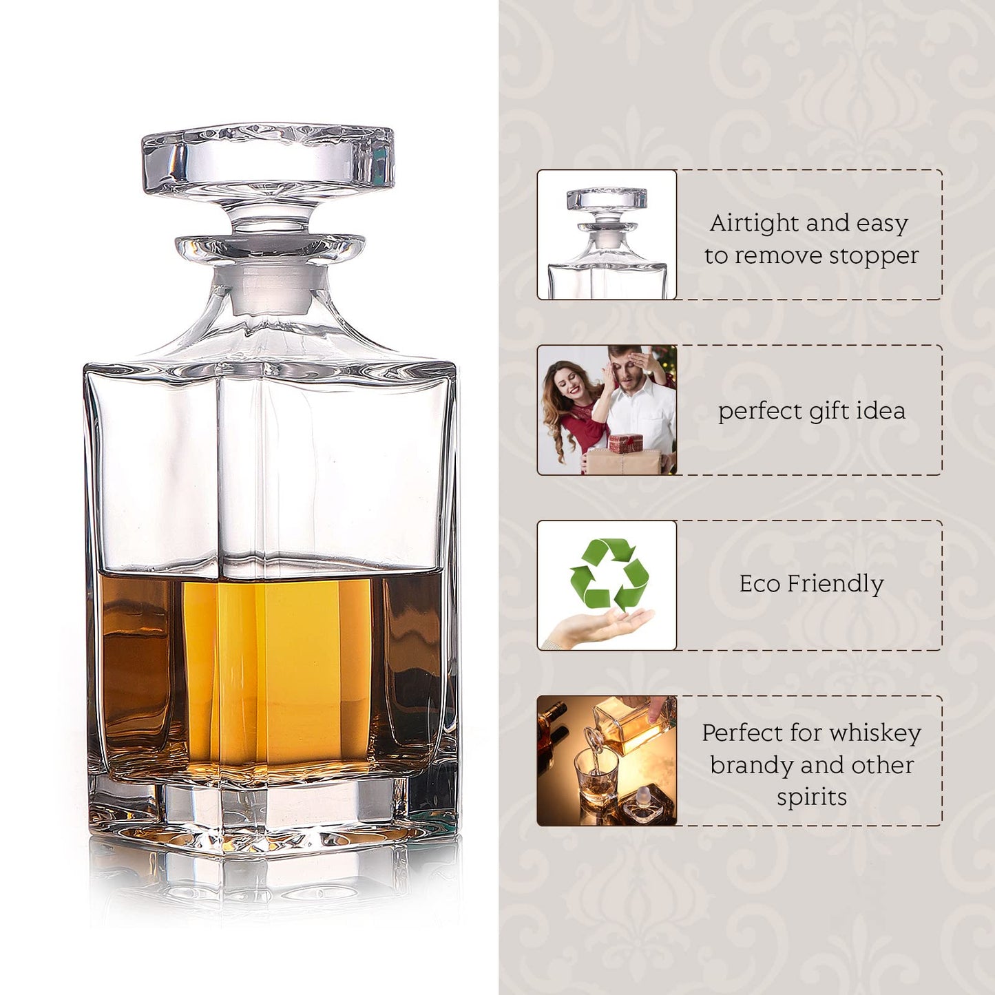 - Glass Decanter With Airtight Geometric Stopper | Whiskey Decanter for Wine, Bourbon, Brandy, Liquor, Juice, Water, Mouthwash -