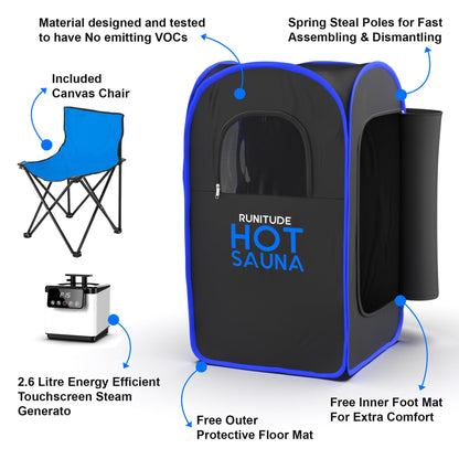 - Runitude Portable Sauna Steam Tent | Full Size Home Personal Sauna Steam Detox Room | Infrared Touchscreen 1000W 2.6 litre Generator -