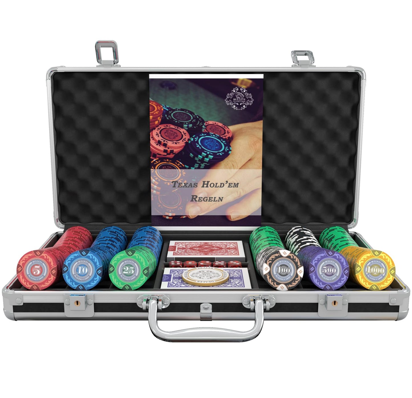 Bullets Playing Cards 'Tony' Poker Set with 300 Clay Poker Chips - including Ceramic Dealer Button, Double Pack of Bullets Poker Cards