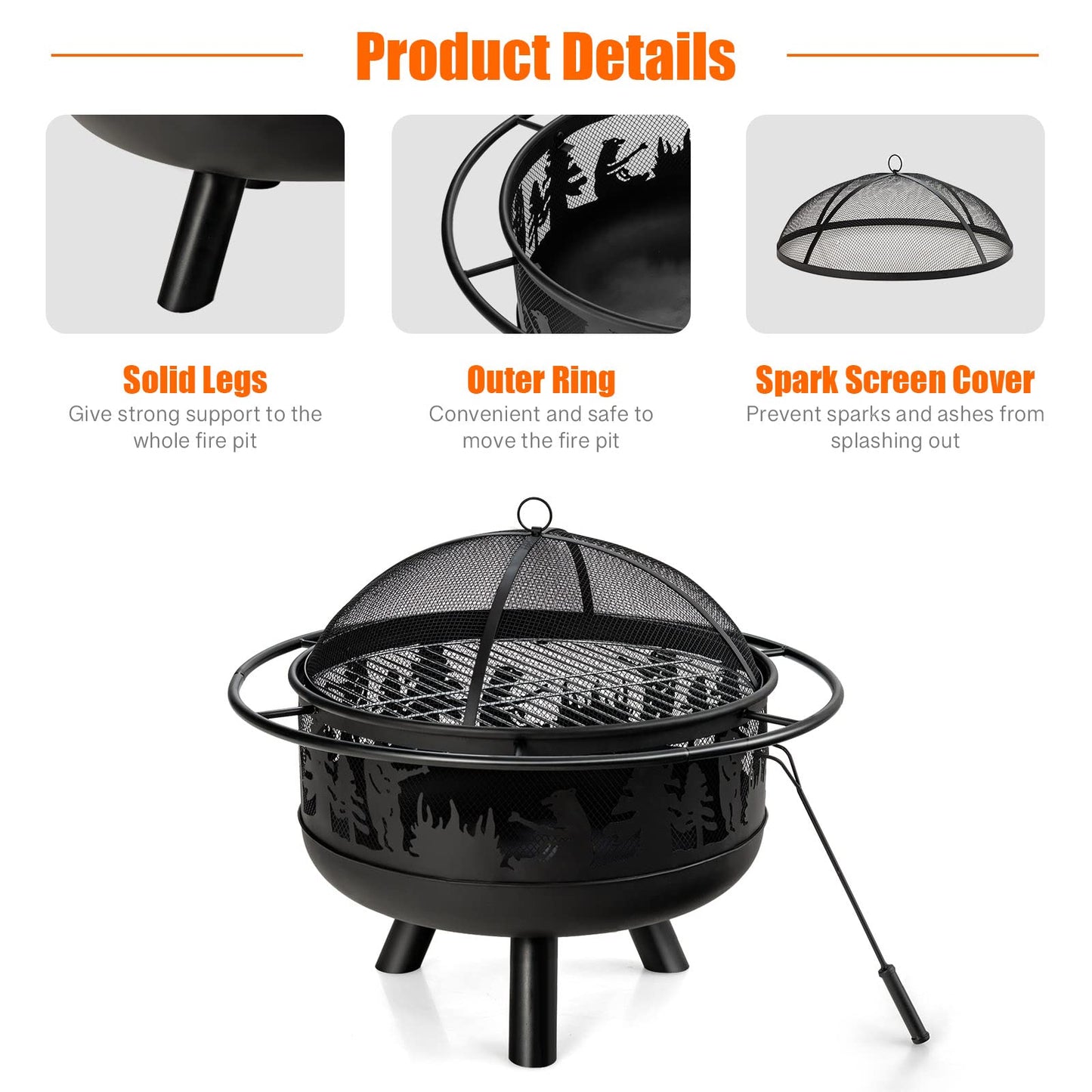 COSTWAY 77cm Large Fire Pit Bowl, 2 in 1 Wood Burning Firepit Brazier with Cooking Grill, Spark Guard and Fire Poker, Round Metal Log Heater Burner for Outdoor BBQ Camping Party
