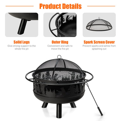 COSTWAY 77cm Large Fire Pit Bowl, 2 in 1 Wood Burning Firepit Brazier with Cooking Grill, Spark Guard and Fire Poker, Round Metal Log Heater Burner for Outdoor BBQ Camping Party