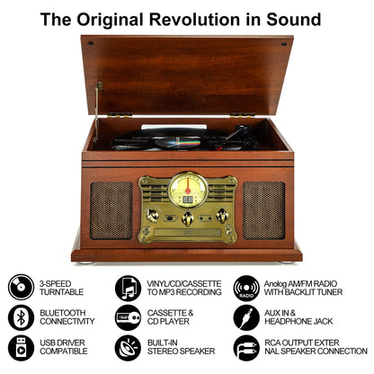 - 10-in-1 Bluetooth Record Player Multifunctional 3-Speed Turntable for Vinyl Record with Stereo Speaker,LP Vinyl to MP3 Converter with CD, Cassette Player,FM Radio,Wireless Music Streaming | Mahogany
