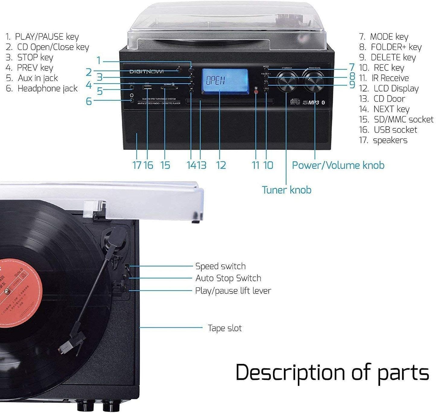 - DIGITNOW! Bluetooth Viny Record Player | Turntable for CD | Cassette | AM/FM Radio and Aux in | USB port and SD Encoding | Remote Control -