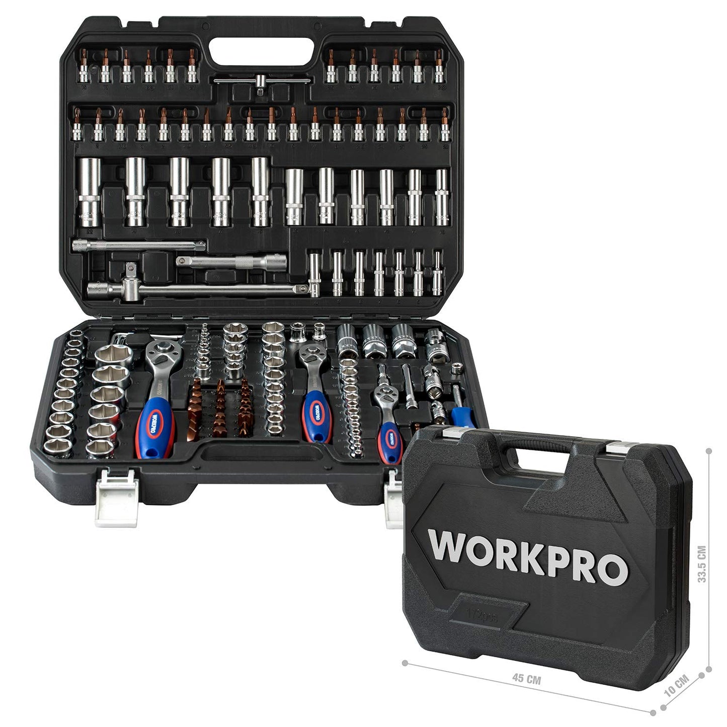 - WORKPRO 172-Piece Socket Set 1/2" 3/8" 1/4" Drive, Cr-V Metric Sockets with 72-Teeth Quick Release Ratchet Handle, Extension Bar & Universal Joints, Useful for Car Repairs, Professionals, Mechanics