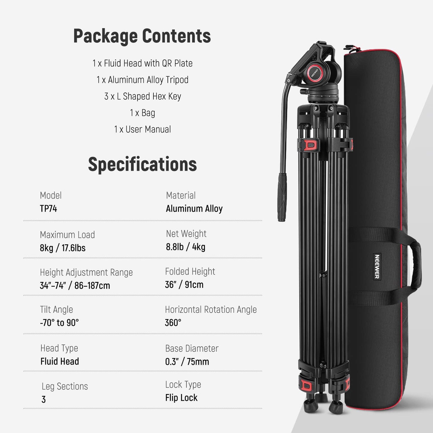 - NEEWER 74 Inch Pro Video Tripod | Fluid Head | QR Plate Compatible -