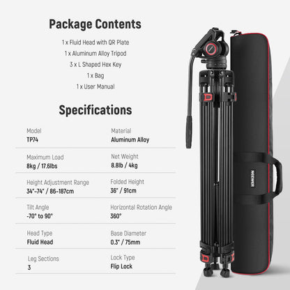 - NEEWER 74 Inch Pro Video Tripod | Fluid Head | QR Plate Compatible -