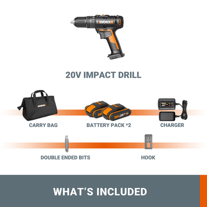 - Worx WX370.1 PowerShare 20V Cordless Combi Hammer Drill Kit with 2 Batteries