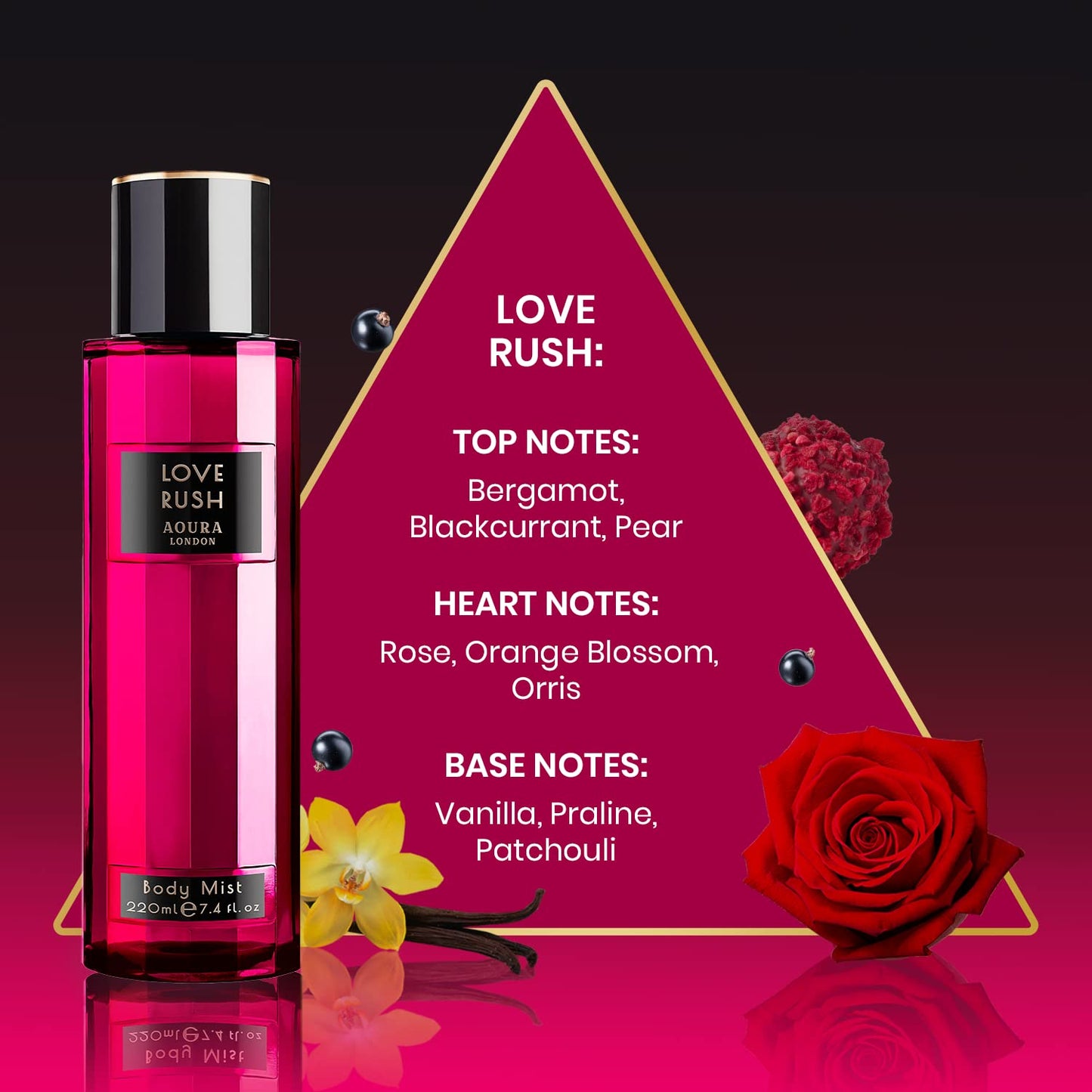 Aoura London Womens Pretty Woman, Paradise Bliss, Love Rush Body Mist Mixed Fragrance Spray 220ml Bundle (Pack of 3)