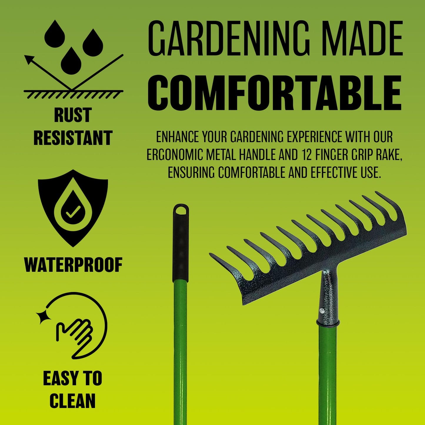 12 Tooth Lawn Rake - Shaft Garden Handle Leaf Metal Head Carbon Steel Heavy Duty | Garden Hand Tool | for Raking, Weed Removal and for Working the Soil