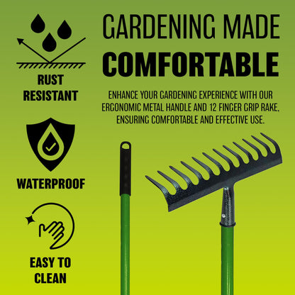 12 Tooth Lawn Rake - Shaft Garden Handle Leaf Metal Head Carbon Steel Heavy Duty | Garden Hand Tool | for Raking, Weed Removal and for Working the Soil