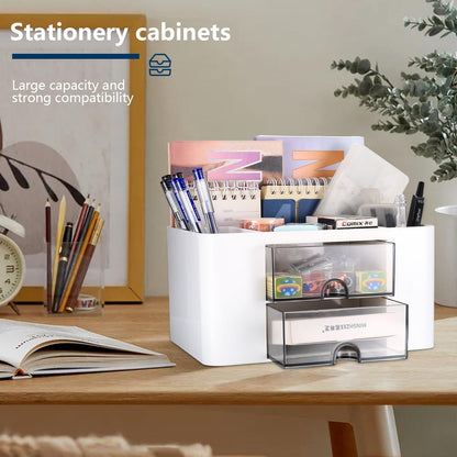 Desk Organiser Drawers, Desk Organiser with Drawer, Office Desk Supplies Organizer, Plastic Table Desktop Stationary Organiser Storage Pen Holder with 5 Compartments for School Office Home, White