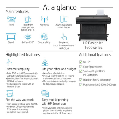 - HP DesignJet T630 Large Format Plotter Printer 24in up to A1 | Mobile Printing | Wi-Fi | Gigabit Ethernet | Hi-Speed USB 2.0 -