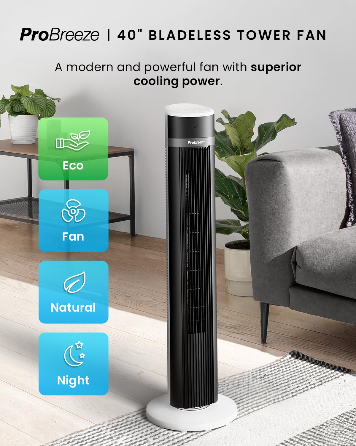 - Pro Breeze Silent Bladeless Tower Fan with Remote Control | 90° Oscillation | 15H Timer -