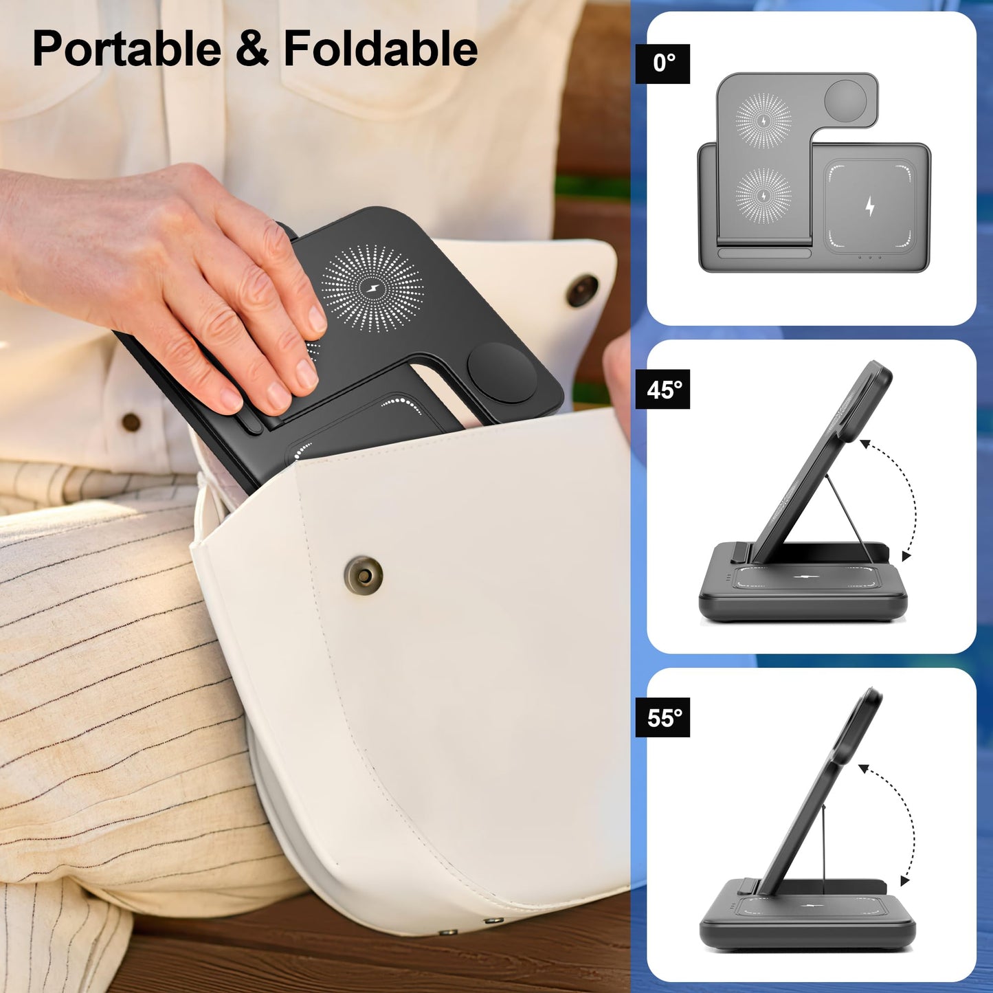 - Wireless Charger, 3 in 1 Charging Station, 15W Qi Fast Foldable Magnetic Stand Dock