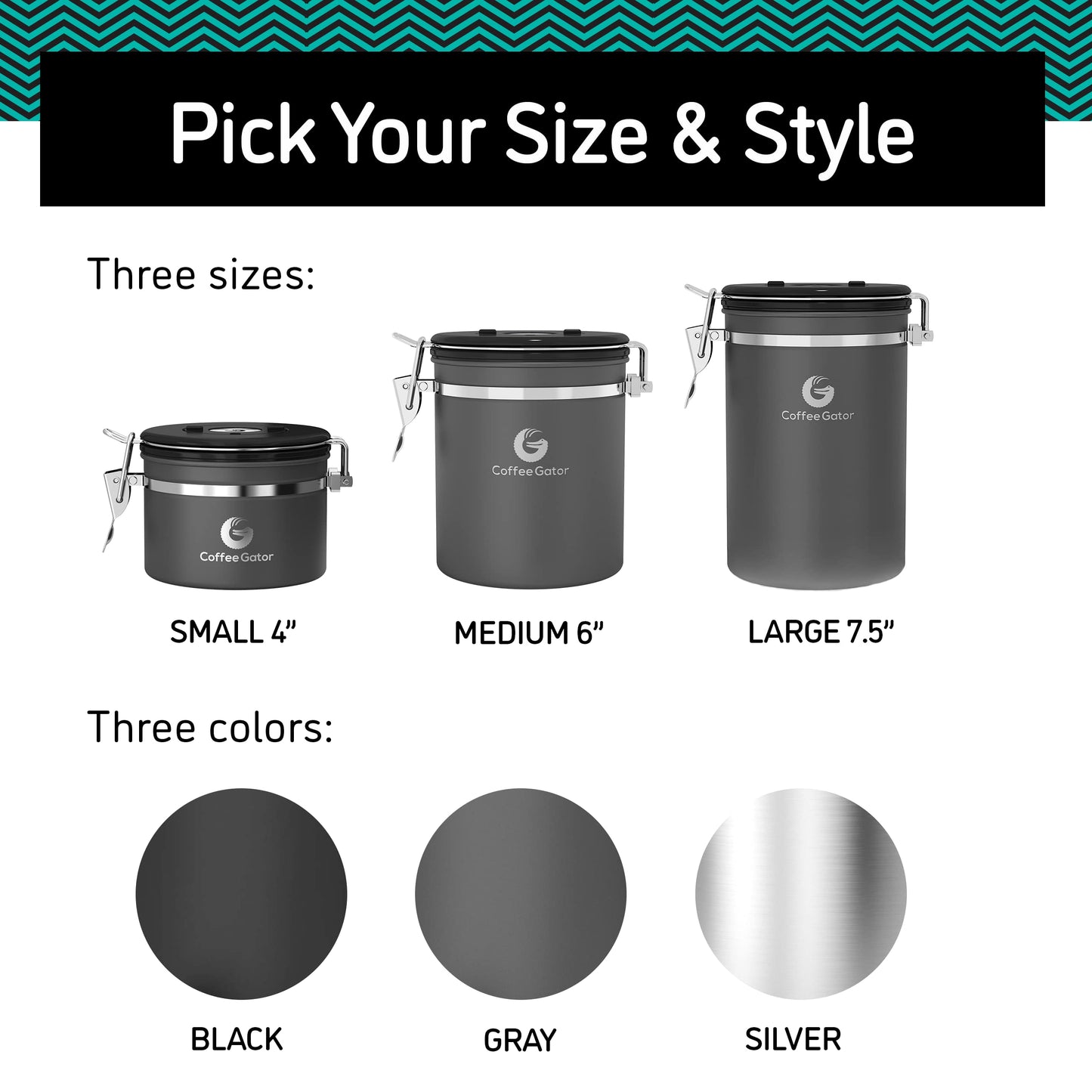 Coffee Gator Coffee Storage - Stainless Steel Tea and Sugar Containers - Canisters w/Date-Tracker, CO2 Valve for Freshness & Scoop - Large, Sliver