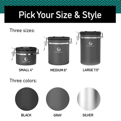 Coffee Gator Coffee Storage - Stainless Steel Tea and Sugar Containers - Canisters w/Date-Tracker, CO2 Valve for Freshness & Scoop - Large, Sliver