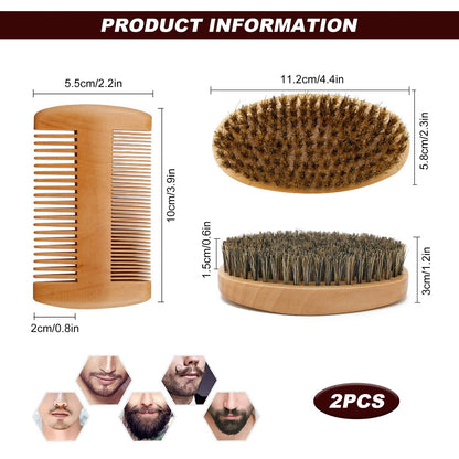 Beard Brush Comb Set for Men, Wooden Boar Bristle Hair Moustache Comb Beard Brush Set for Combing Beard Hair, Removing Debris, Massages Face