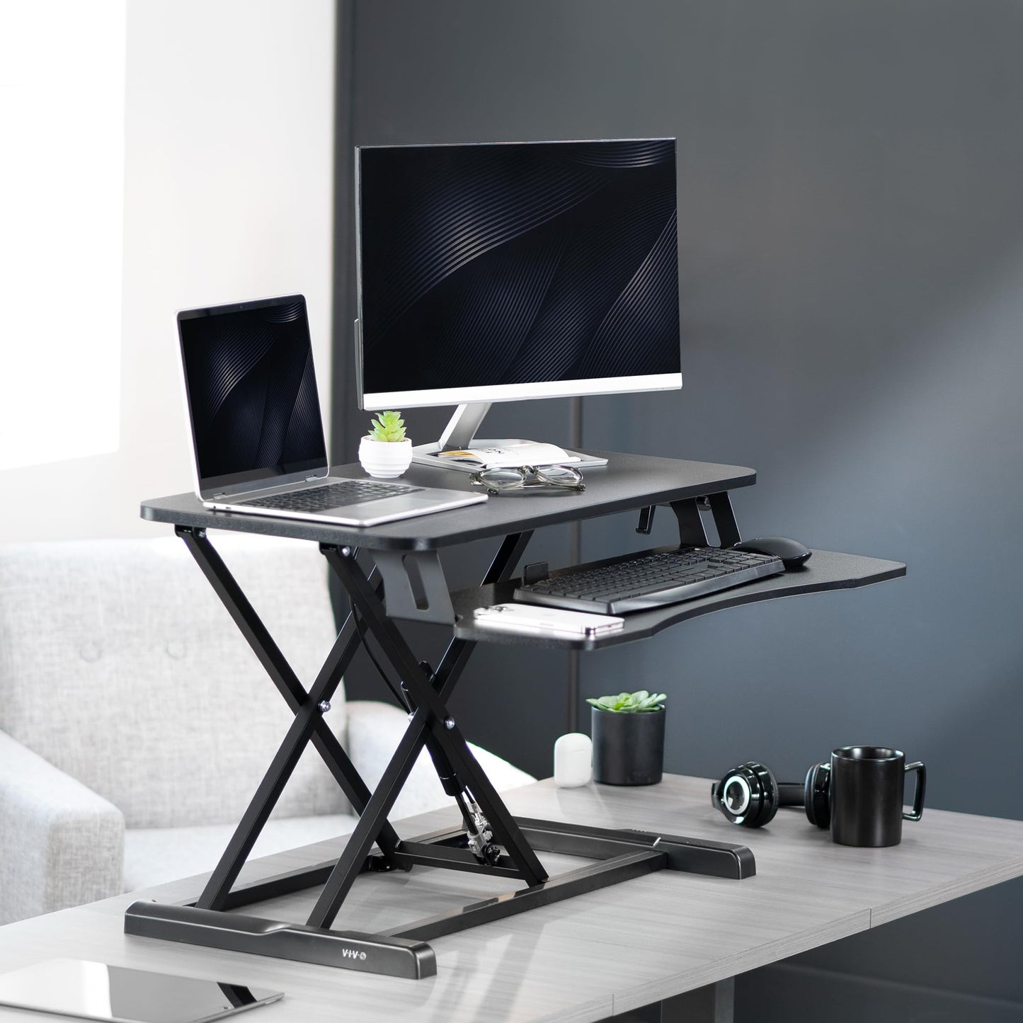 - VIVO Standing 81 cm Desk Converter, Height Adjustable Riser, Sit to Stand Dual Monitor and Laptop Workstation with Wide Keyboard Tray -