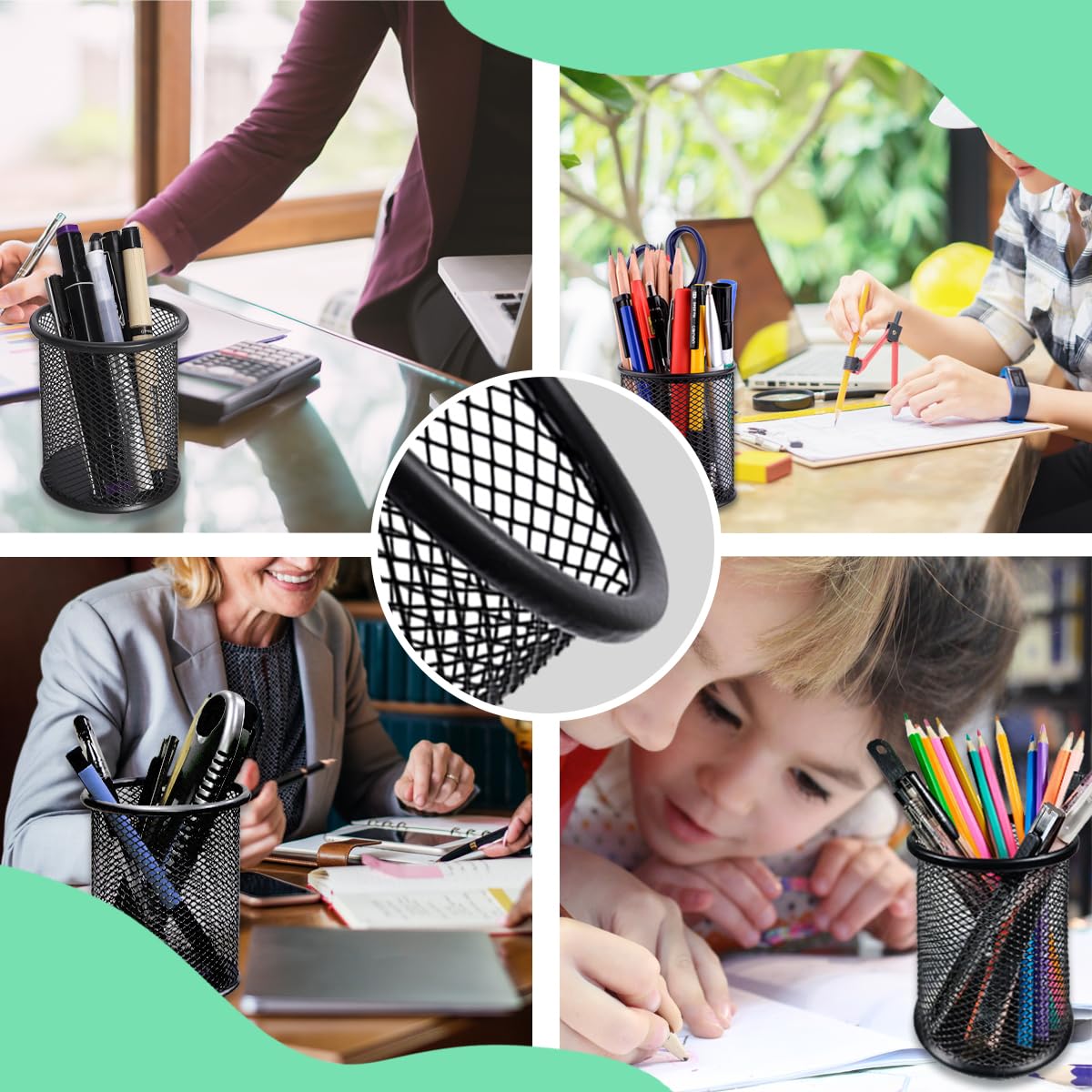DARUITE 4 Pack Pen Pot, Pen Holder, Mesh Pencil Holder, Metal Pen Pots for Desk, Desk Pen Holder, Pencil Pot for Office, Home, Classroom (Black)