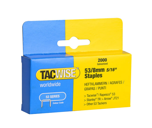 - Tacwise 0335 Type 53 / 8 mm | Galvanised Staples | Pack of 2000 | Silver -