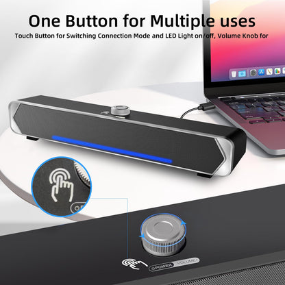 Computer PC Speakers, Bluetooth 5.3 Computer Soundbar for Desktop Monitor Speakers, Wired USB Powered PC Sound bar with LED, Superb Stereo Sound for Desktops, Laptops, Tablets, Smartphones-Silver