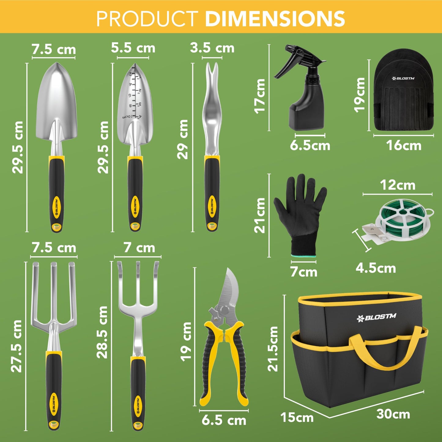 BLOSTM Gardening Tools Set 11 PCS - Heavy Duty Garden Tools for Gardening with Waterproof Tote Carrier Bag - Rust Proof Garden Hand Tools Set with Ergonomic Handles Gardening Gifts for Men & Women
