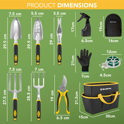 BLOSTM Gardening Tools Set 11 PCS - Heavy Duty Garden Tools for Gardening with Waterproof Tote Carrier Bag - Rust Proof Garden Hand Tools Set with Ergonomic Handles Gardening Gifts for Men & Women