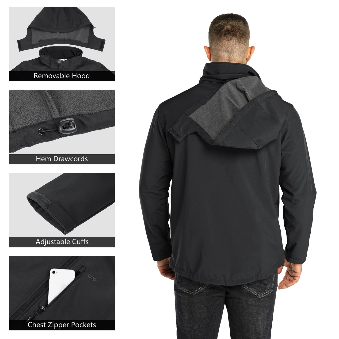 33,000ft Men's Waterproof Jackets Fleece Lining Softshell Jacket - Multi Pockets Outdoor Windproof Coat With Detachable Hood Black XL