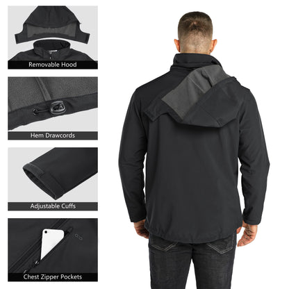 33,000ft Men's Waterproof Jackets Fleece Lining Softshell Jacket - Multi Pockets Outdoor Windproof Coat With Detachable Hood Black XL