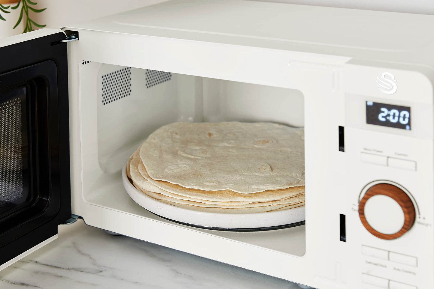 - Swan Nordic LED Digital Microwave with Glass Turntable | 6 Power Levels & Defrost Setting | 20L | 800W | White -