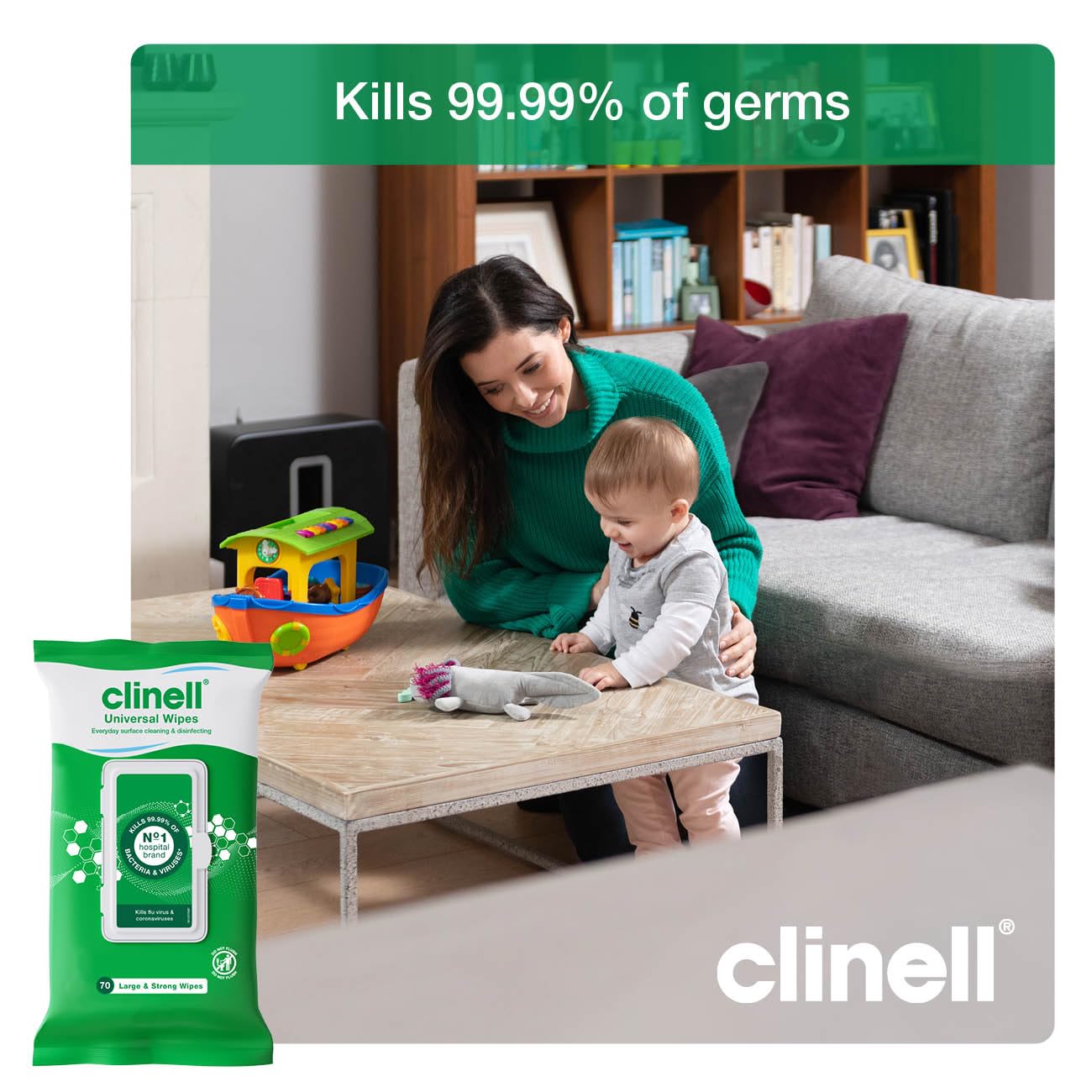 Clinell Universal Cleaning and Disinfecting Wipes for Home - Pack of 4 - 70 XL Wipes per Pack (280 Wipes) - with Moisture Lock Lid - Kills 99.99% of Germs, Antimicrobial, Quick Action