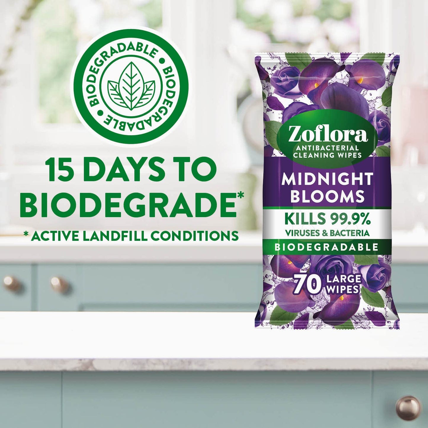 - Zoflora Midnight Blooms Biodegradable Wipes, Antibacterial Multi-surface Cleaning Wipes, Kills 99,9% of Bacteria & Viruses, Convenient, Quick Cleaning, 6 Pack, 70 Wipes per Pack (420 Sheets)
