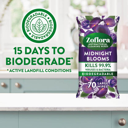 - Zoflora Midnight Blooms Biodegradable Wipes, Antibacterial Multi-surface Cleaning Wipes, Kills 99,9% of Bacteria & Viruses, Convenient, Quick Cleaning, 6 Pack, 70 Wipes per Pack (420 Sheets)