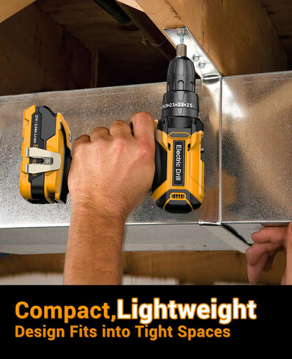 Cordless Drill Driver 21V, Cordless Hammer Drill with 2 Batteries 2000mAh, 25+3 Torque, 42N.m Max Electric Drill, 14PCS Drill Bits, 2 Speed, LED Light for Home and Garden DIY Project