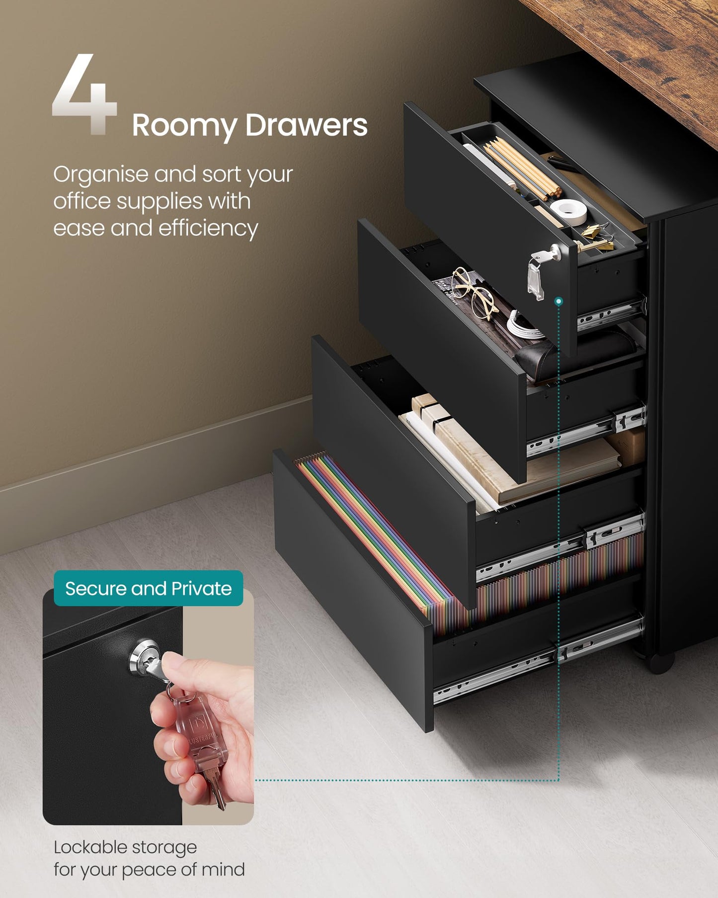 - SONGMICS Mobile File Cabine | Lockable | 4 Drawers To Hold Documents & Stationery | Pre-Assembled | File Cabinet for Office | 39 x 45 x 69.3 cm | Ink Black OFC064B16 -
