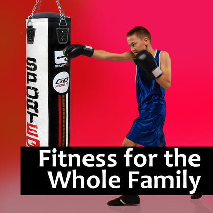 - Sporteq Dyno Heavy Filled Punch Bag Sets for All Ages | Steel Hanging Ring & Floor Attachment | Boxing, Martial Arts, Home & Commercial Gym Use (Black/White, 5FT) -