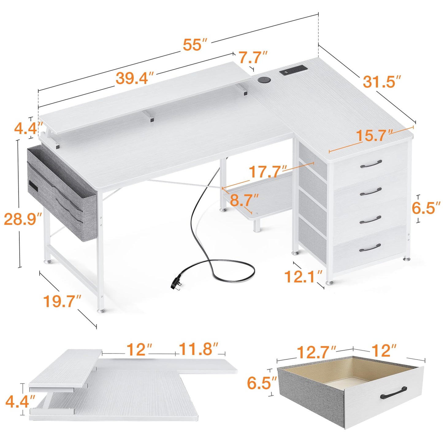 - ODK Corner Desk with Drawers | L Shaped Computer Desk | USB Charging Port -