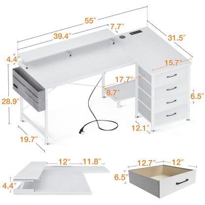 - ODK Corner Desk with Drawers | L Shaped Computer Desk | USB Charging Port -