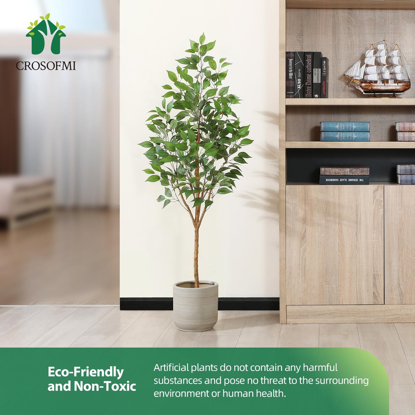 CROSOFMI Artificial Plants Indoor 150 cm Tall Fake Ficus Tree Large Faux Plants for Modern House Living Room Office Outdoor Decoration (1 Pack)