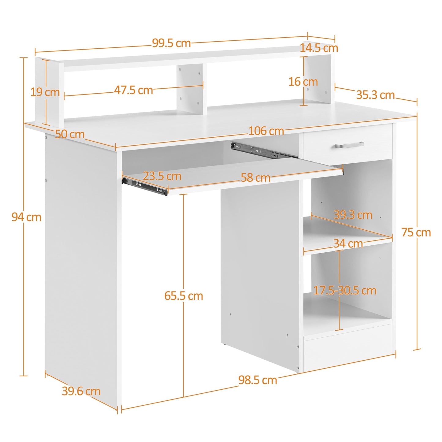 - Yaheetech 106x50x94cm Computer Desk with Storage Shelves/Keyboard Tray/Drawer/ for Home Office in White.