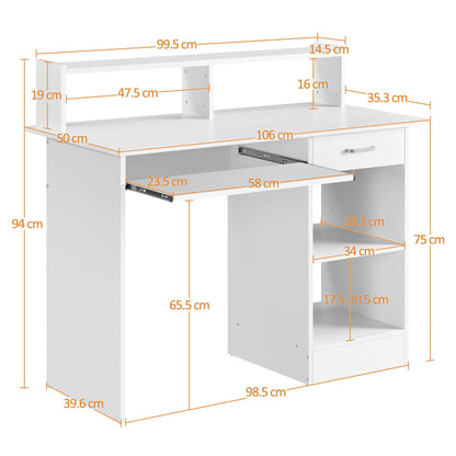- Yaheetech 106x50x94cm Computer Desk with Storage Shelves/Keyboard Tray/Drawer/ for Home Office in White.
