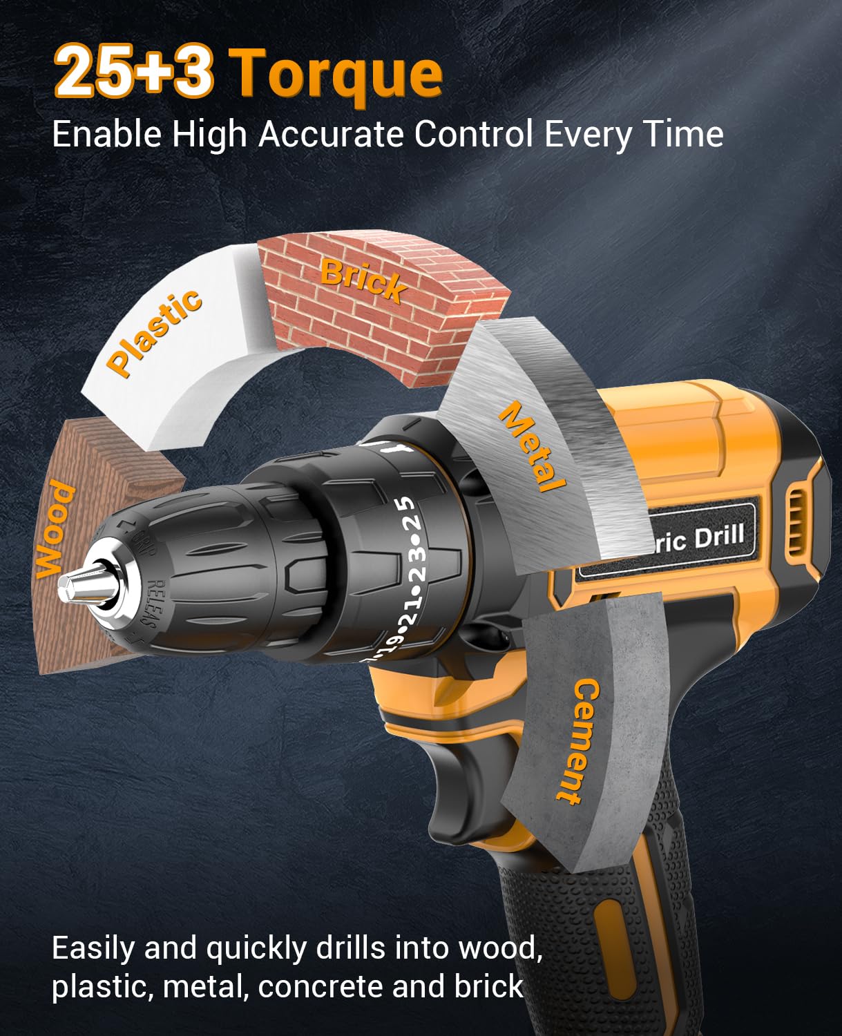 Cordless Drill Driver 21V, Cordless Hammer Drill with 2 Batteries 2000mAh, 25+3 Torque, 42N.m Max Electric Drill, 14PCS Drill Bits, 2 Speed, LED Light for Home and Garden DIY Project