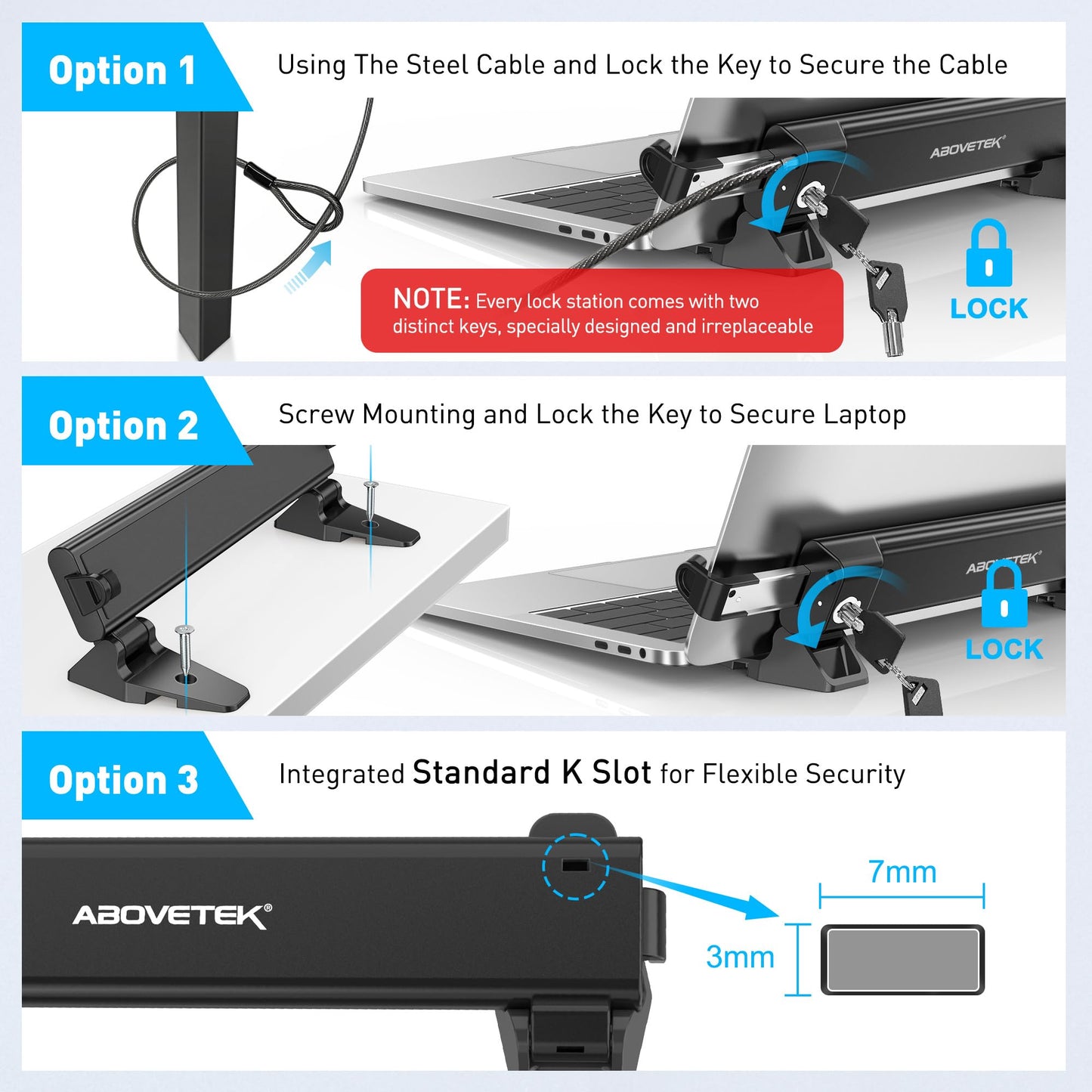AboveTEK Laptop Security Locks with 2m Keyed Cable - Anti-Theft Locking Station, Adjustable Width 28.2-39.8cm, Desktop Fixed or Portable Mounting Option, Fits 12"-16" MacBook/Notebooks