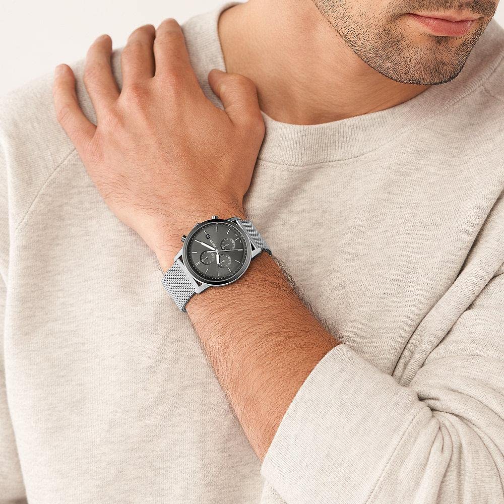 - Fossil Watch for Men Minimalist | Chronograph Movement | 42 mm Silver Stainless Steel Case with a Stainless Steel Mesh Strap | FS5944 -