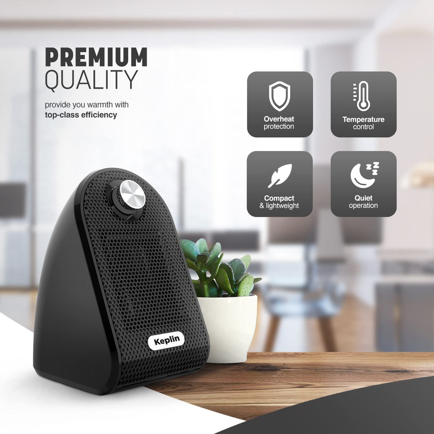 - KEPLIN Black Ceramic Desk Heater | 500W Low Energy Consumption | Silent Heater -