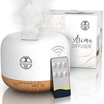 Deer & Oak - 500ml Aromatherapy Diffuser Humidifier - Essential Oil Diffusers For Home - Air Humidifiers - 7 LED Light Colours - Remote Control - Timer & Auto Empty Shutdown - Aroma Air Diffuser