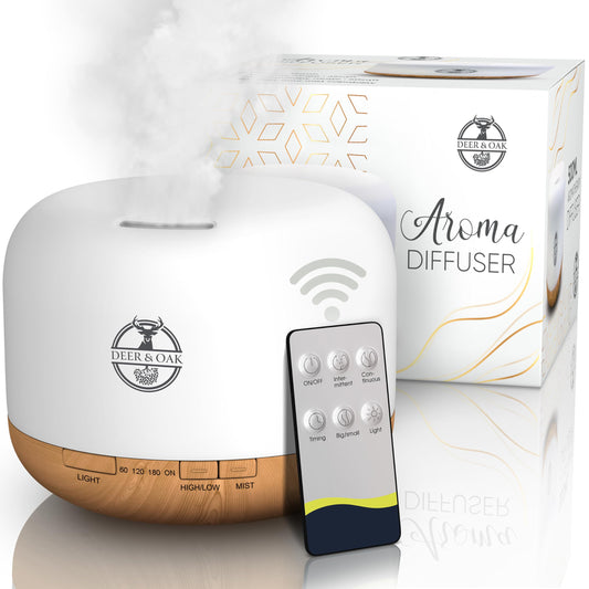 Deer & Oak - 500ml Aromatherapy Diffuser Humidifier - Essential Oil Diffusers For Home - Air Humidifiers - 7 LED Light Colours - Remote Control - Timer & Auto Empty Shutdown - Aroma Air Diffuser